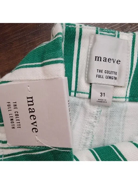 Anthropologie Colette Striped Full Length Wide Leg Pants Green Linen Womens 31 - Picture 7 of 9